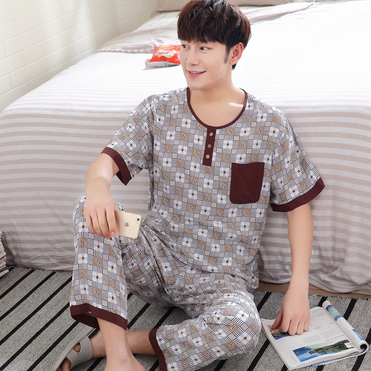 Mùa hè trung niên cotton lụa ngắn tay đồ ngủ quần nam XL phù hợp với bông phần mỏng cotton nhân tạo dịch vụ nhà