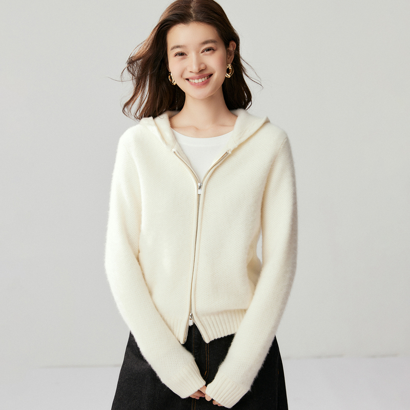 100% Pure Cashmere Thickened Women's Hooded Double Zipper Cardigan Long-Sleeved Knitted Jacket Autumn and Winter New Style Loose and Simple 100% Pure Cashmere Thickened Women's Hooded Double Zipper Cardigan Long-Sleeved Knitted Jacket Autumn and Winter New Style Loose and Simple