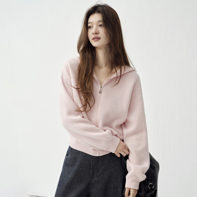 100% Pure Cashmere Waffle Hooded Zip-Up Cashmere Cardigan for Women, Long-Sleeved Slim-Fit Knit Sweater Jacket, Casual
