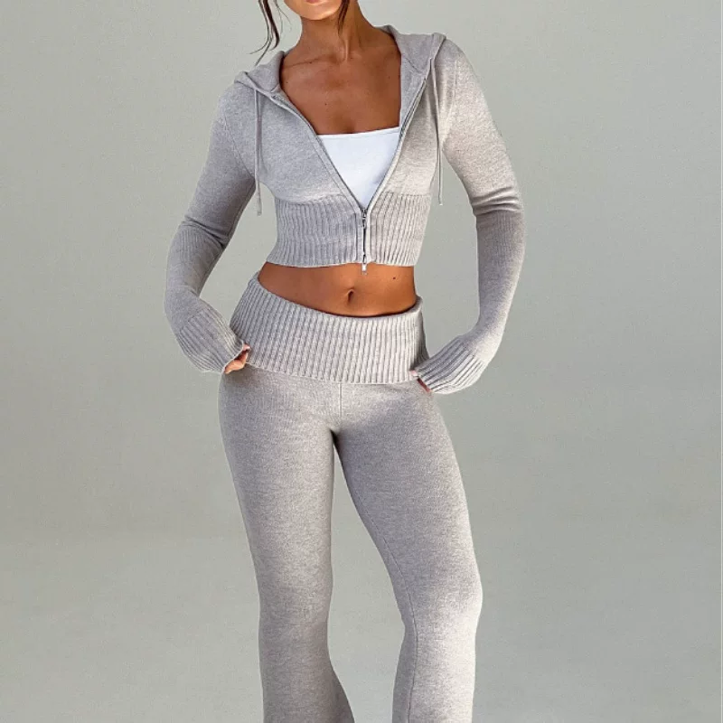 Европейский и американский однотонный короткий худи и casual брюки, женский Two-piece set - однотонный комплект