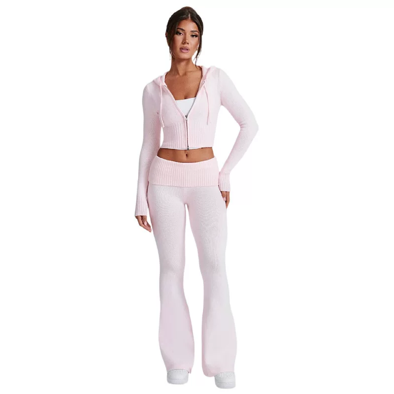Европейский и американский однотонный короткий худи и casual брюки, женский Two-piece set - однотонный комплект