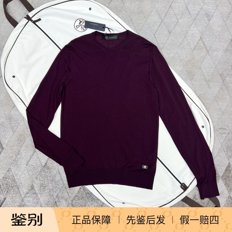 Versace Men's Burgundy Medusa Leather Label Wool Knit Sweater, Round Neck Sweater, Fashionable and Versatile Versace Men's Burgundy Medusa Leather Label Wool Knit Sweater, Round Neck Sweater, Fashionable and Versatile