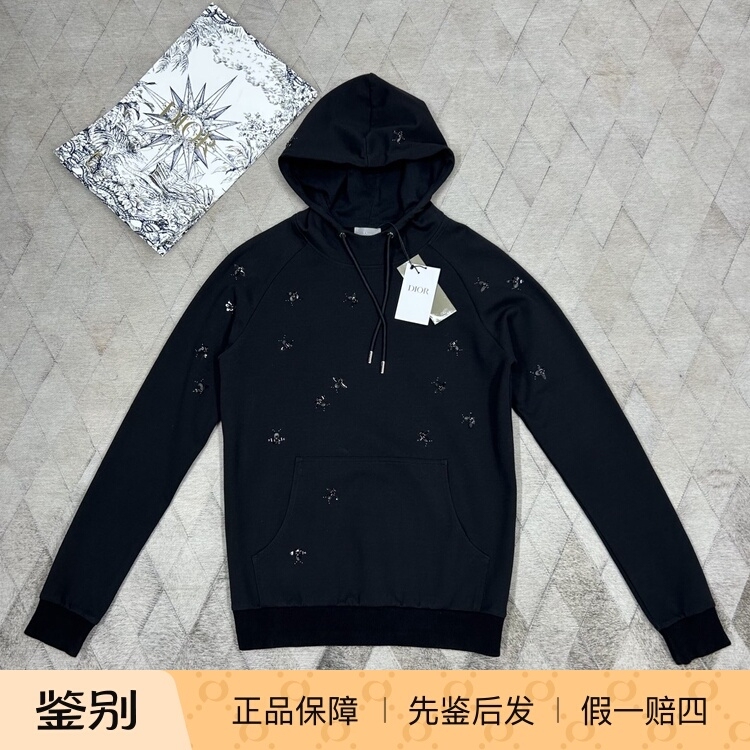Dior Men's 3D Bee Black Hooded Sweatshirt Pullover Fashionable Versatile Light Luxury Business Casual