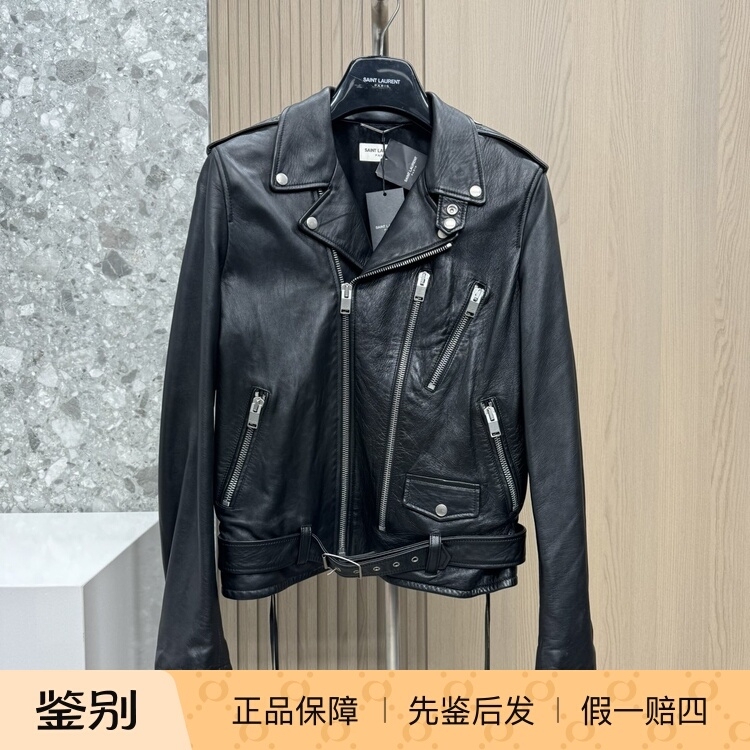 Saint Laurent Men's Motorcycle Leather Jacket, Fashionable and Versatile Casual Lapel Top