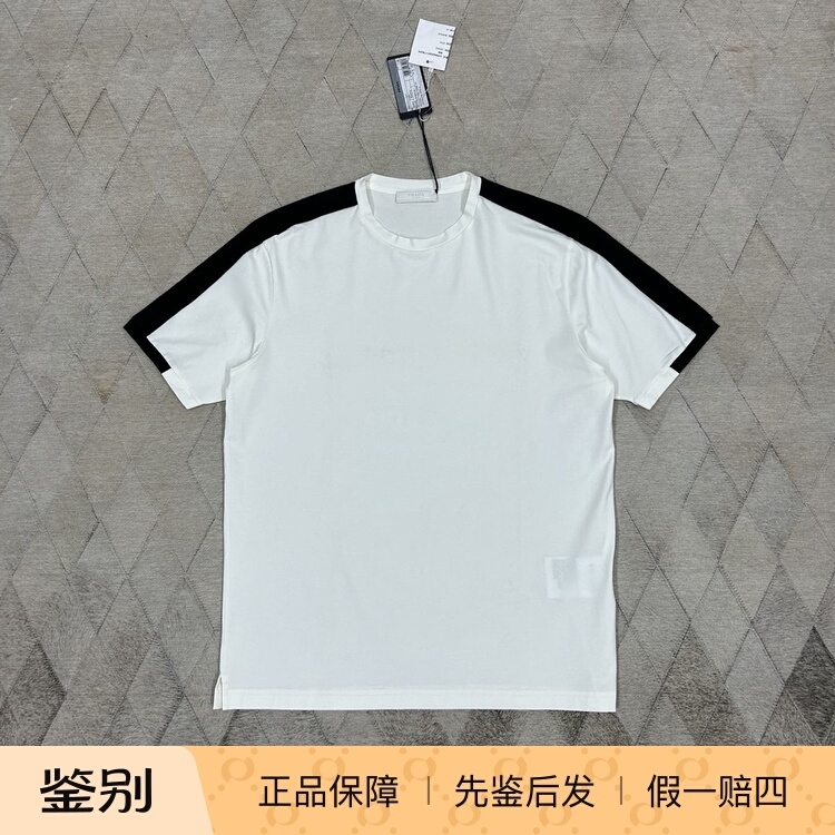 Prada Men's Round-Neck Short-Sleeved T-Shirt with Side Webbing, Fashionable, Simple, Versatile, and Light Luxury