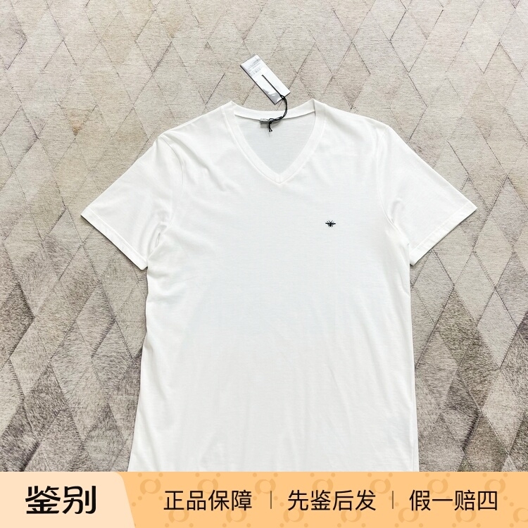 Dior Men's Short-Sleeved T-Shirt Black Bee Embroidery White V-Neck Short-Sleeved T-Shirt Fashionable Casual Light Luxury Dior Men's Short-Sleeved T-Shirt Black Bee Embroidery White V-Neck Short-Sleeved T-Shirt Fashionable Casual Light Luxury