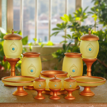Shippo Glass Buddha Set Incense Burner Vase Water Cup For Fruit Plate Buddha Front LED Lotus Lamp Five For Buddhist Hall Ornaments
