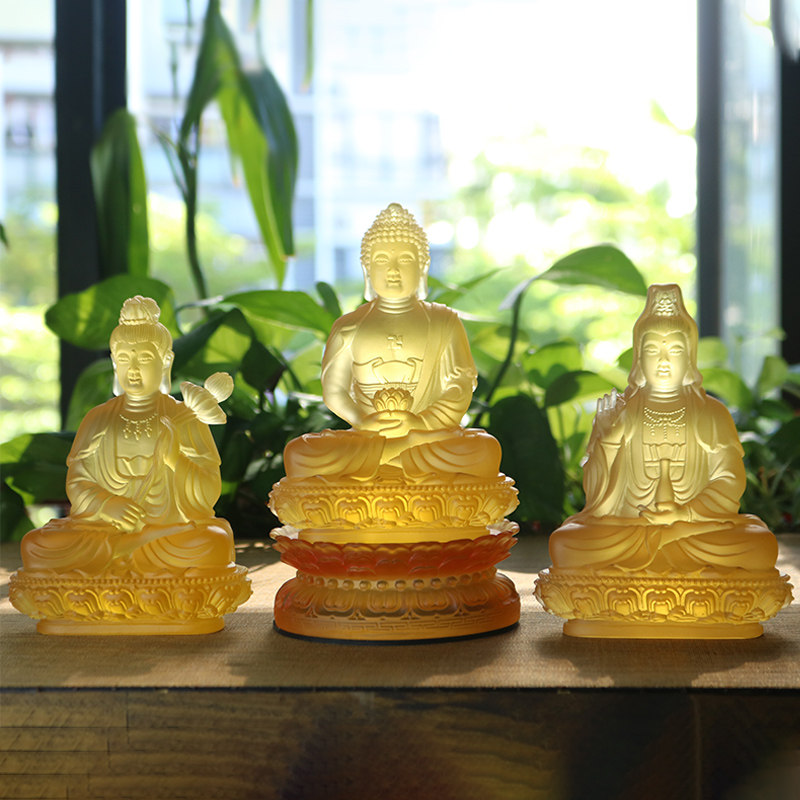 Western Three Sacred Glass Ornament Buddha Amitabha Buddha Statue Guanyin Buddha Statue Great Trend to the Home Offerings to the Buddhist Hall Offerings