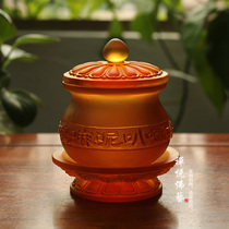 Pure handmade ancient glass six-character holy water cup new Chinese water supply cup amber gift box home table decoration