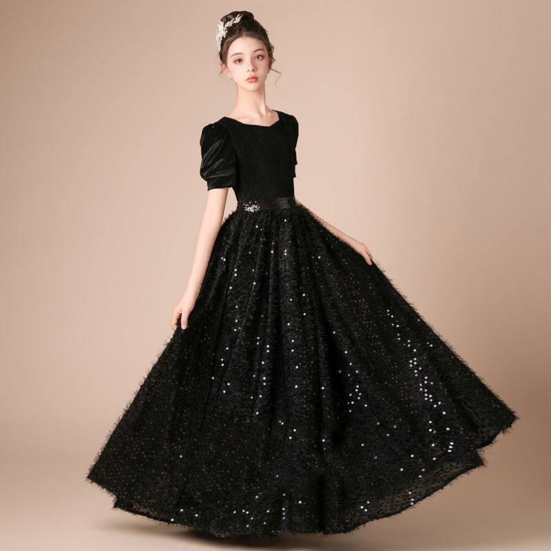 New Style Girls' Piano Dress Black Puff Sleeve Slim Dress Host Violin Dress Choir Catwalk