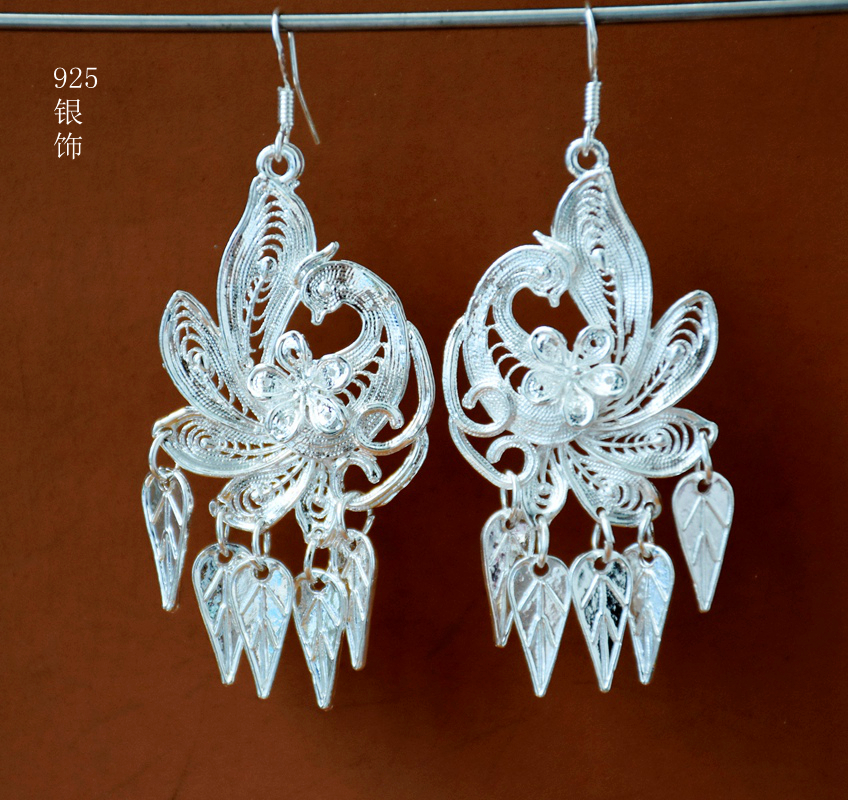 Female tassel 925 silver hook earrings minority style wild Miao and Dong silver earrings net red exaggerated retro accessories