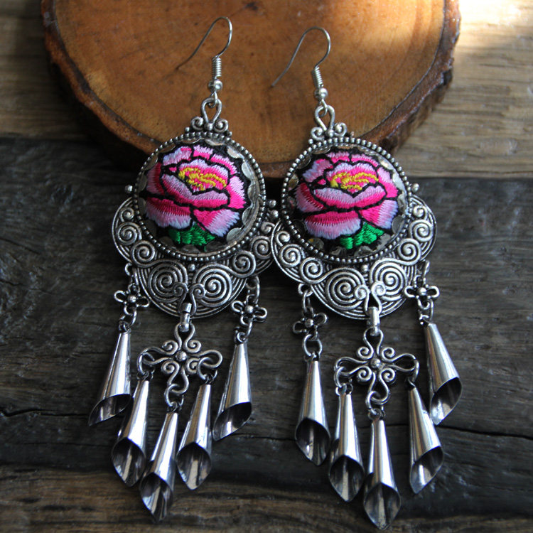 Ethnic style retro stage Miao silver cloth embroidery temperament drop earrings wild exaggerated long tassel pendant earrings
