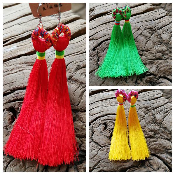 Vintage ethnic style long tassel earrings silk thread personality earrings show drop earrings women earrings