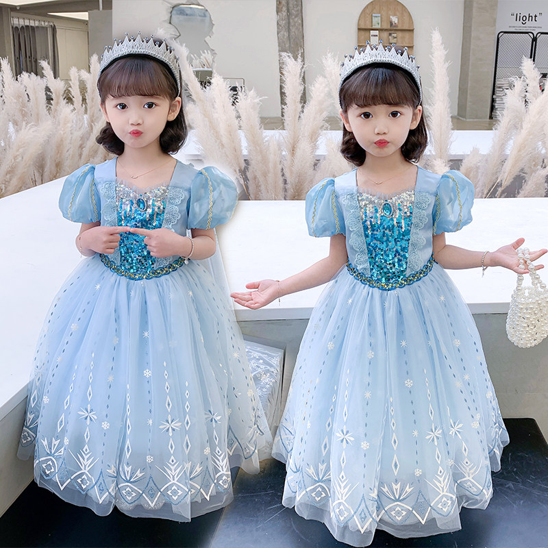 Summer New Frozen Aisha Princess LinkedIn Dress Girl's Birthday Dress Children's Bubble Sleeve Dress