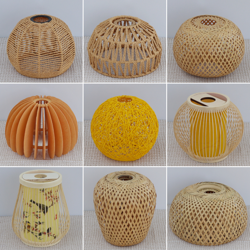 Zen-Style Tea Room Root Carving Thuja Bamboo Woven Lampshade Shell with Hemp Rope Lamp Cord and Switch, Vintage Atmosphere Floor-Standing Pendant Lampshade