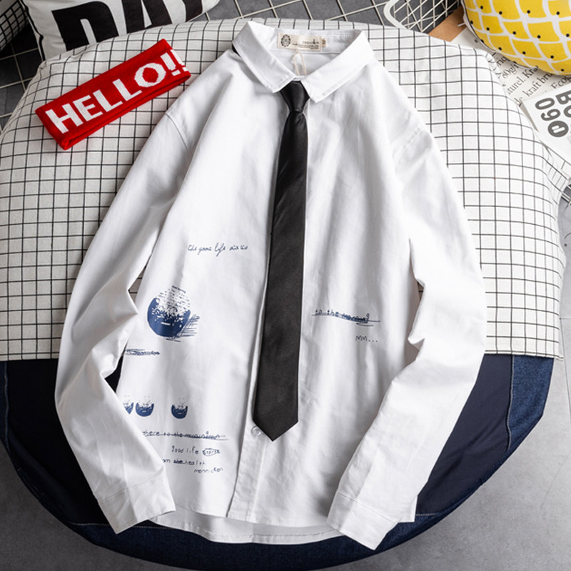 Tie white shirt men's long-sleeved Korean version of the trend 2019 new casual handsome student autumn shirt men's all-match