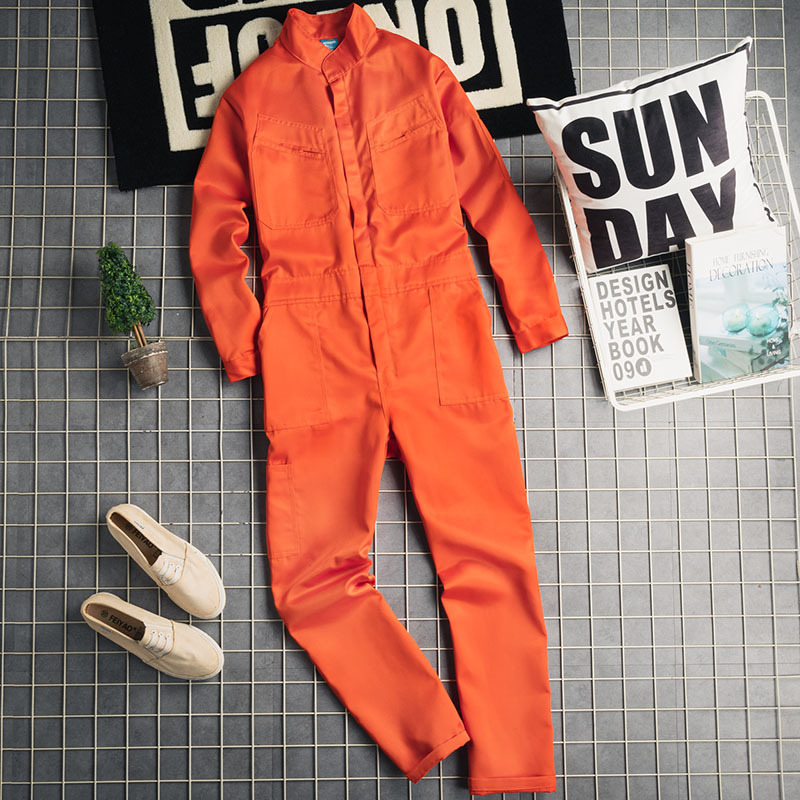 Solid Color Workwear Long-Sleeve Jumpsuit for Men, Trendy Korean Style, Japanese Retro Harajuku Style, Loose Straight-Leg Jumpsuit Set