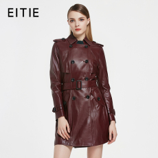 Кожаная куртка eitie爱特爱秋冬女装中长款收腰系带双排扣真皮皮衣外套