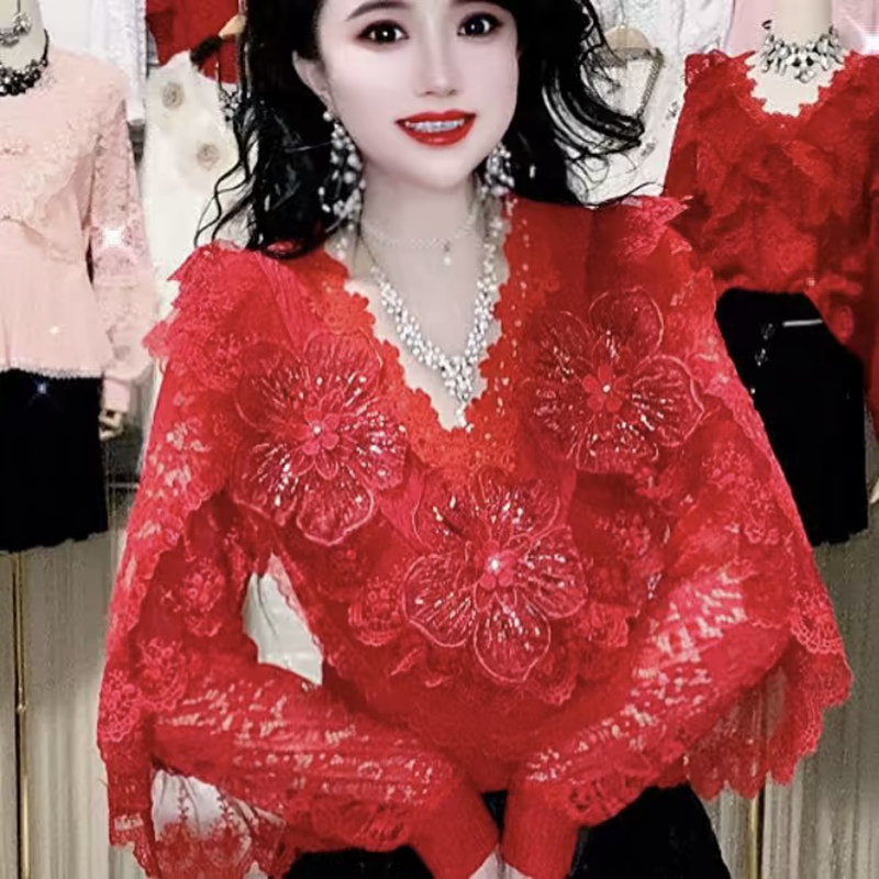 Lace Trim Butterfly Sleeve Beaded Sequin Sunflower Base Shirt for Women, Spring and Autumn Style, Slim Fit, Stylish Lace Shirt