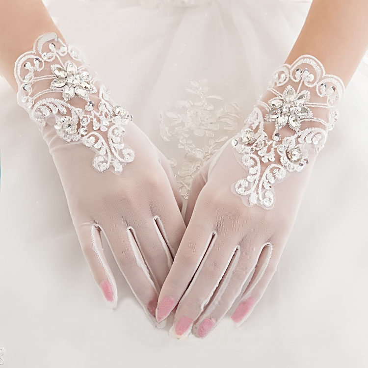 Bridal lace rhinestone gloves Short finger gloves Wedding wedding gloves Accessories Spring and summer thin mesh gloves