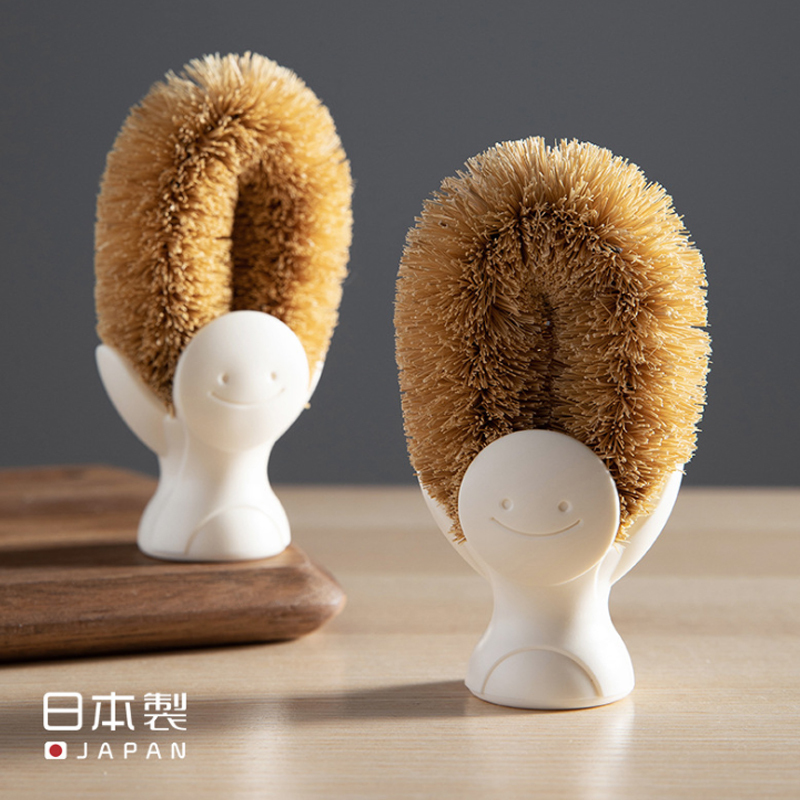 Japanese Imported Natural Coconut Palm Fiber Dishwashing Brush, Standable Smiley Face Pot Brush, Cutting Board Brush, Sink Brush, Kitchen Brush