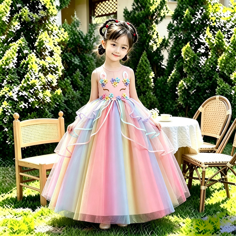 Girls' Unicorn Rainbow Dress Long Tutu Princess Dress Little Girl's Birthday Piano Performance Dress
