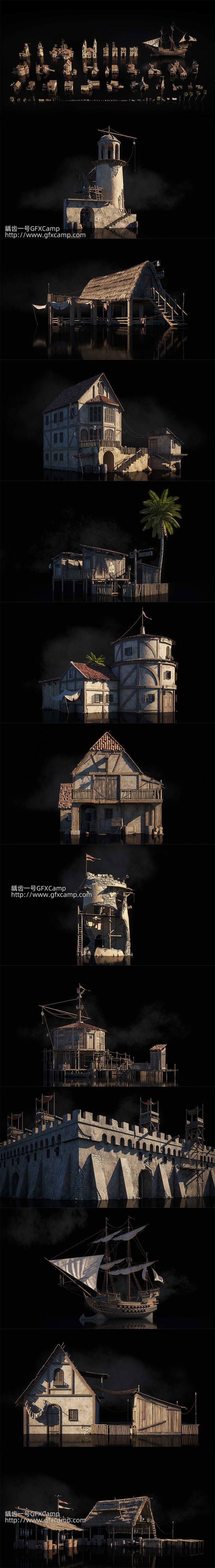 海岛港口码头建筑楼房3D模型 C4D/MAX/FBX/OBJ/Maya/Blender/Houdini/Unity/Unreal等