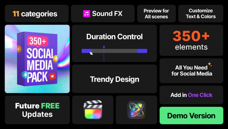 FCPX插件|350种社交媒体信息订阅点赞关注提醒挂件视频包装元素动画预设 Social Media Pack