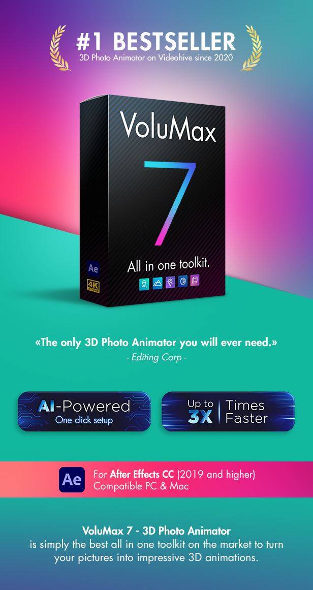 AE模板-风景人像图片转3D效果摄像机推拉旋转景深动画 VoluMax Pro V7