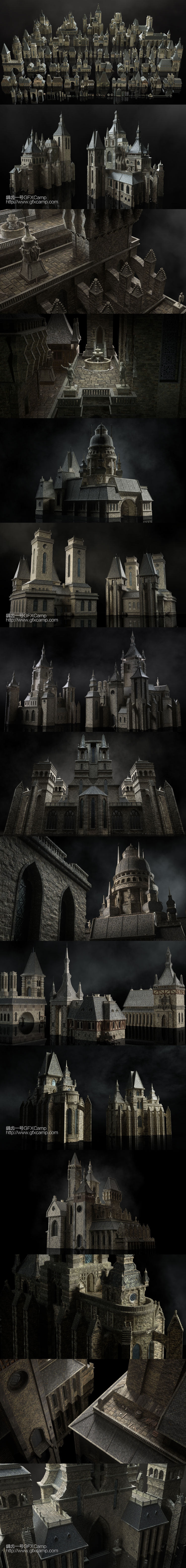 古典神秘黑暗城堡建筑楼房3D模型 C4D/MAX/FBX/OBJ/Maya/Blender等