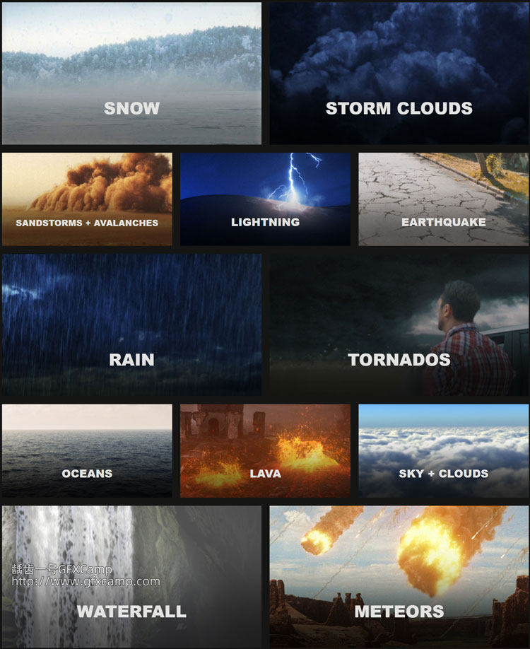 277组龙卷风沙尘暴闪电云层下雨雪瀑布水面地面破碎特效视频素材 带透明通道