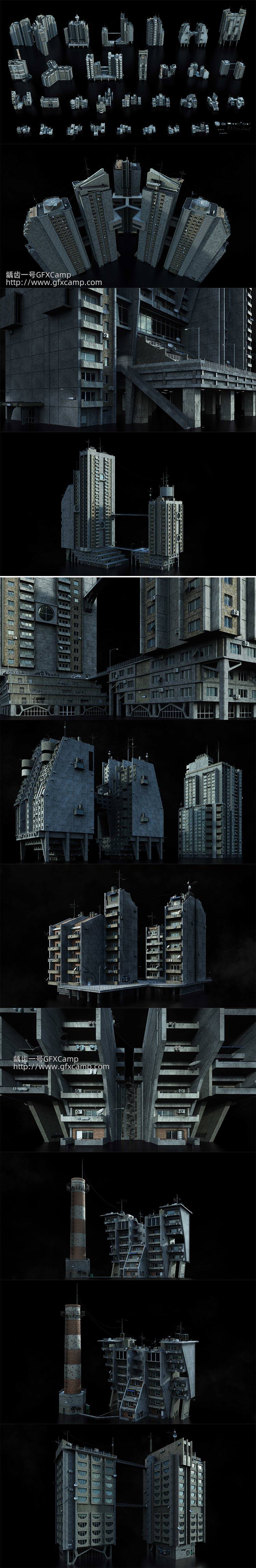 工业街道城市楼房建筑3D模型 C4D/MAX/FBX/OBJ/Maya/Blender/Houdini/Unity/Unreal等