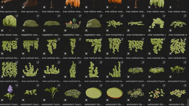 Blender低多边形卡通自然植物花朵树木冰川3D模型资产预设
