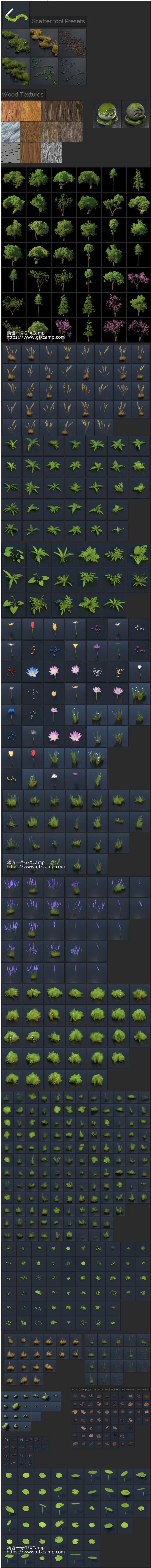 Blender 500+艺术卡通动漫画二位风格化植物花草树木插件资产预设 Stylized Trees And Plants Tree Library – Flora Paint V1.3