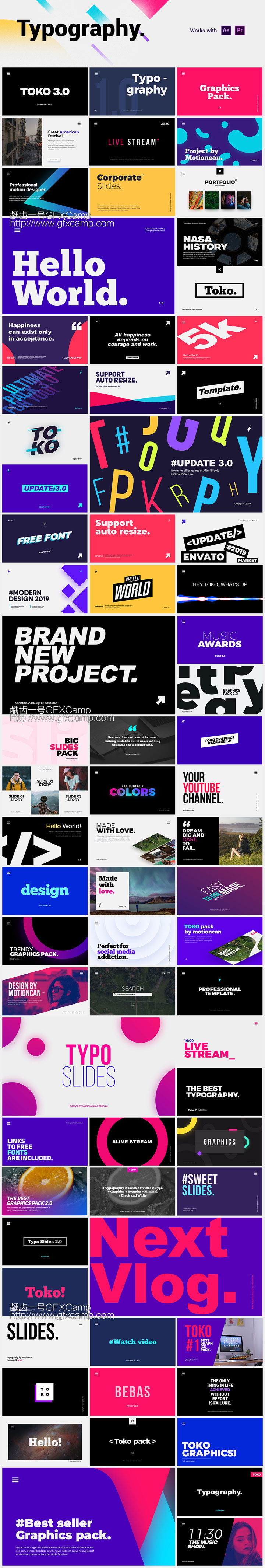 AE脚本+PR预设-1450+时尚排版商品介绍宣传包装文字标题字幕条Logo动画转场背景元素包 Graphics Pack TOKO V3(支持2019)
