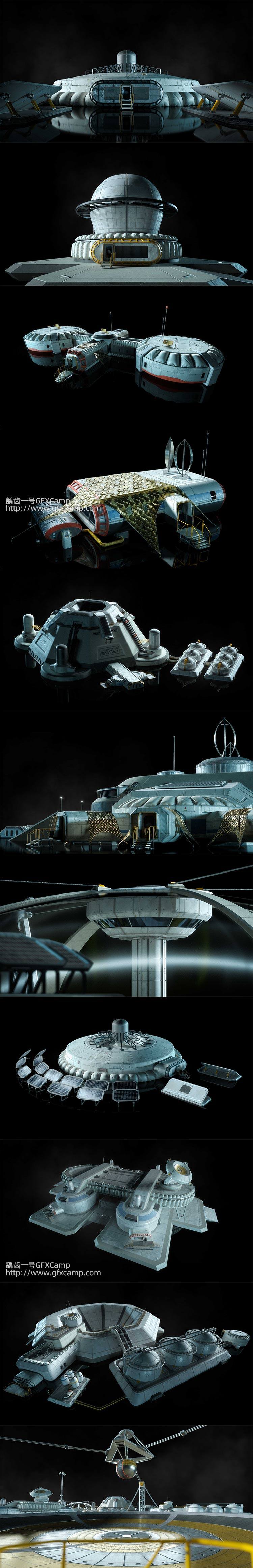 科幻月球基地建筑楼房设施3D模型 C4D/MAX/FBX/OBJ/Maya/Blender/Houdini/Unity/Unreal等