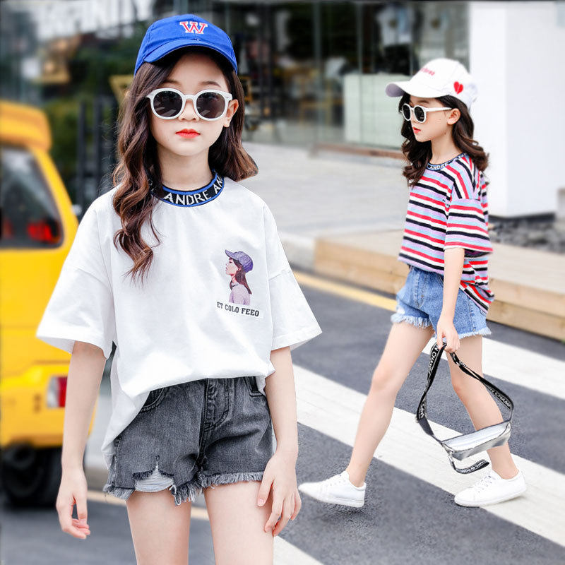 Girl's summer fit 5 little girl 6 short sleeve T-shirt 7 striped blouse 8 half sleeve body blood 9 CUHK Tong 12 years old T-shirt