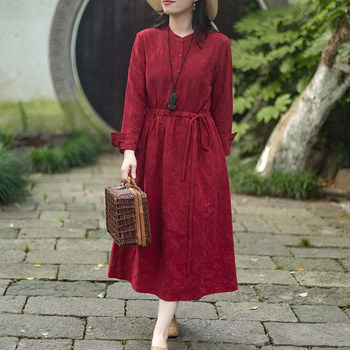 Nian jiangnan ວັນນະຄະດີ retro ຝ້າຍແລະ linen jacquard ເສື້ອຍືດແຂນຍາວ dress niche ການອອກແບບ drape ຍາວ temperament dress ສໍາລັບແມ່ຍິງ