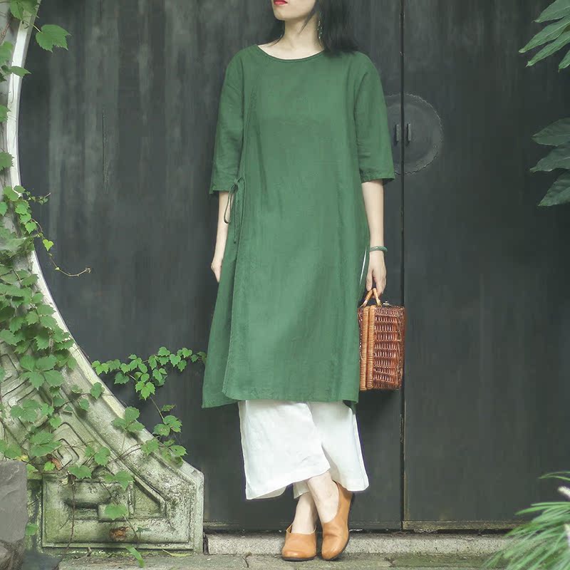 bông gai mùa thu váy 2019 mới dài vừa Nianjiangnan phụ nữ văn học và nghệ thuật của loose-fitting loose-fitting thầu dầu vành đai Zen quần áo