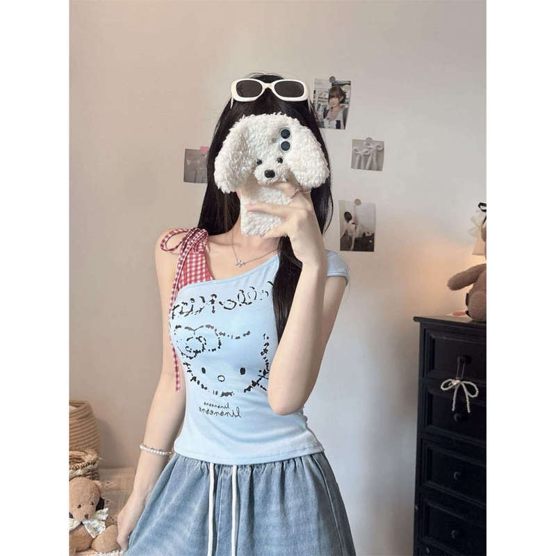 2025 New Cartoon Kt Cat Print Unique Patchwork Plaid Lace-Up Slim Fit One-Piece with Chest Pad