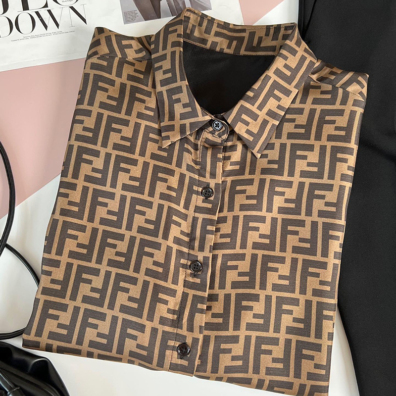 Silk Twill Shirt for Women, Loose Fit, Coffee-Colored Printed Top, Light Luxury, High-End Feel, 100% Mulberry Silk Shirt