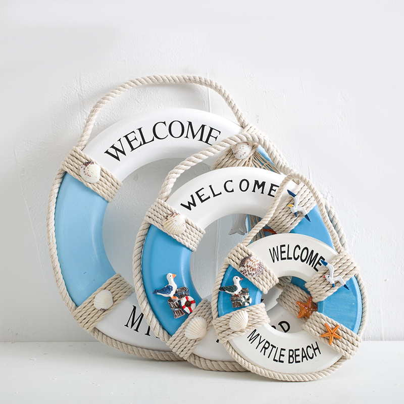 Mediterranean style wooden lifebuoy swimming ring wall decoration bar window background wall creative decoration pendant