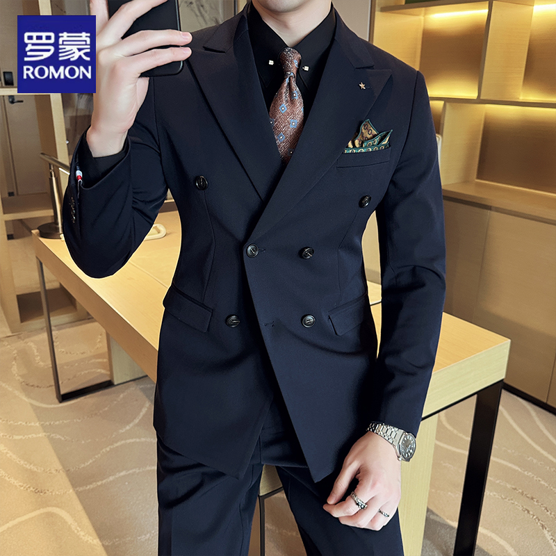 Romon Double-Breasted Groom Wedding Suit Men's Three-Piece Slim-Fit Formal Suit High-End Business Attire for Men