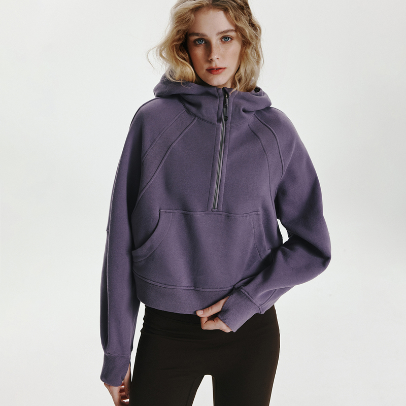 Super Beautiful Scuba Kangaroo Pocket Half-Zip Hoodie Sweatshirt Yoga Wear Fitness Sports Suit for Women