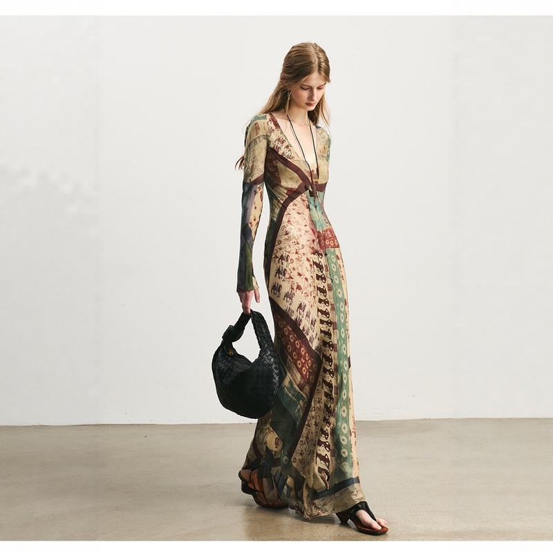 Distinguished from the Market Version, 100% Silk Vintage Mid-Century Style Slim-Fit Long-Sleeve Mulberry Silk Printed Dress
