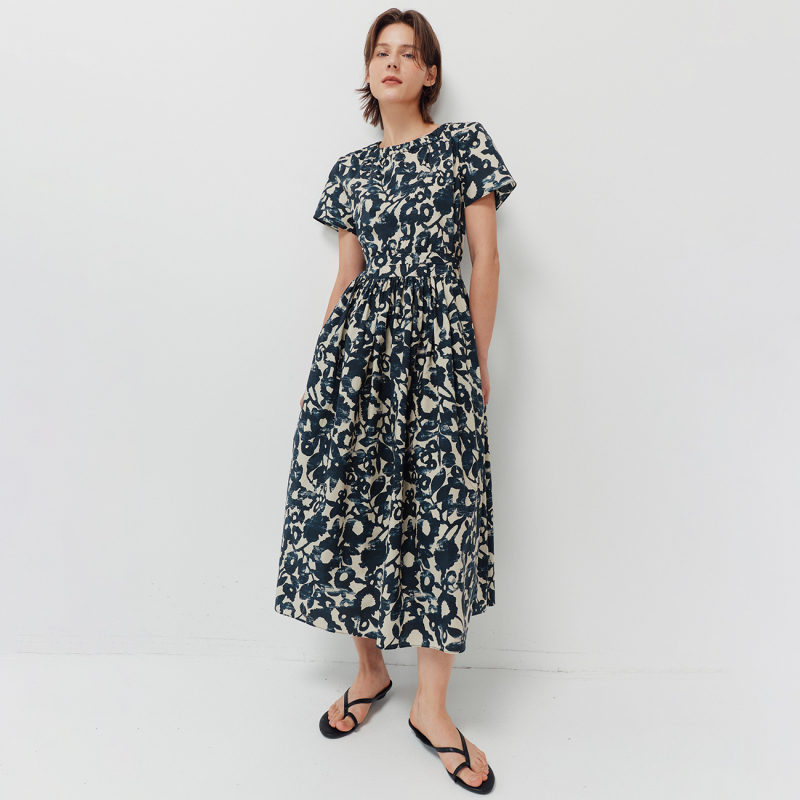 【Capri】100% High-Thread-Count Poplin Cotton Dress, Round Neck, Short Sleeves, Tie Waist, Printed Shirt Dress 【Capri】100% High-Thread-Count Poplin Cotton Dress, Round Neck, Short Sleeves, Tie Waist, Printed Shirt Dress