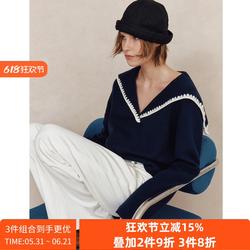 【Free Sail】100% Combed Cotton Nautical Style Navy Collar Heavy Embroidery Pullover Knit Top for Women