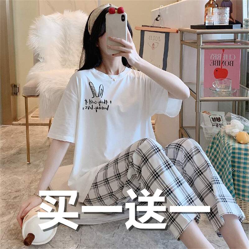 Pajamas for Women Summer 2023 New Style Pure Cotton Short-Sleeved Long Pants Young Ladies Round Neck Summer Plus Size Home Wear Set