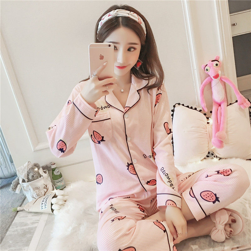 Korean version of spring autumn and winter pajamas women's autumn cotton cardigan jacket loose home clothes cute long-sleeved two-piece suit pineapple