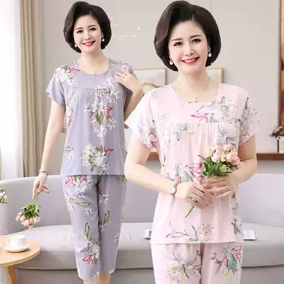 Middle-aged and elderly pajamas women's summer cotton silk suit Elderly short-sleeved shorts home clothes large size elderly women 50 years old